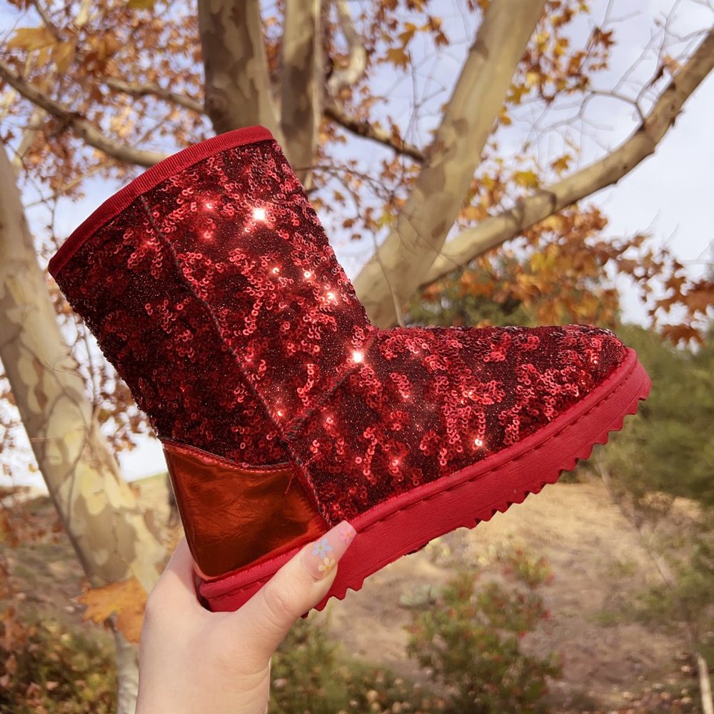 Red Sequin Glitter Sparkly Bling Mid Calf Faux Fur Lined Winter Boots